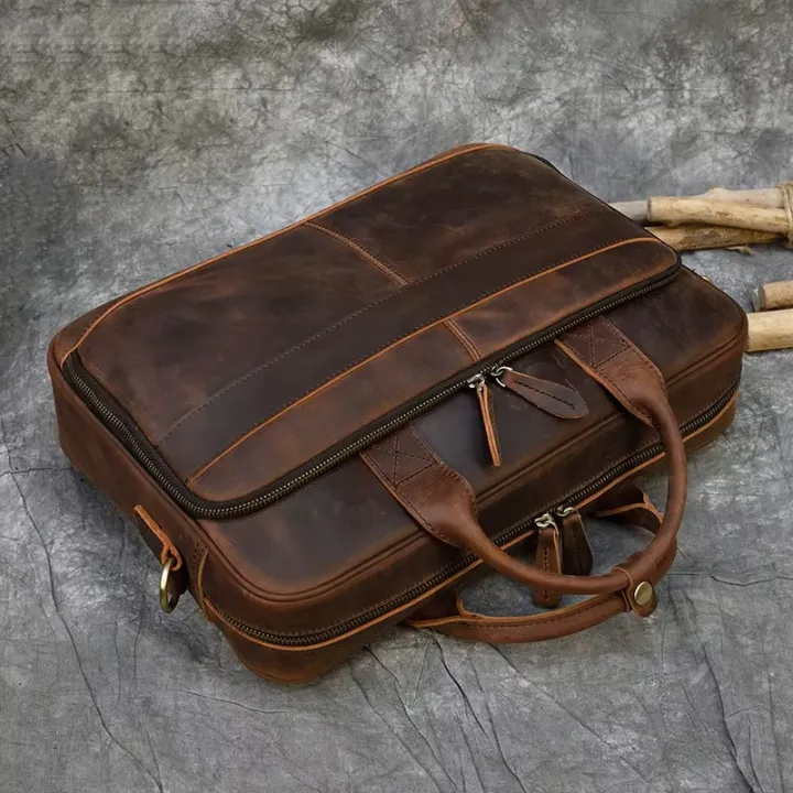 Luxury Men's Business Messenger Bag Leather Office Shoulder Handbag Men's Designer Crazy Horse Leather Travel Briefcase
