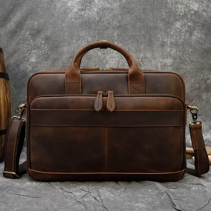Luxury Men's Business Messenger Bag Leather Office Shoulder Handbag Men's Designer Crazy Horse Leather Travel Briefcase
