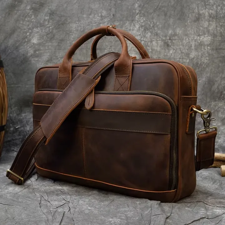Luxury Men's Business Messenger Bag Leather Office Shoulder Handbag Men's Designer Crazy Horse Leather Travel Briefcase