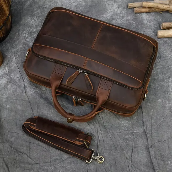 Luxury Men's Business Messenger Bag Leather Office Shoulder Handbag Men's Designer Crazy Horse Leather Travel Briefcase