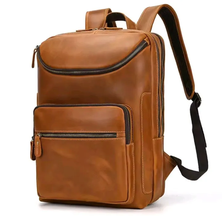 2025 New Fashion Leather Bagpack Bag 14 15.9 Laptop Backpack For Man Male Genuine Leather Men's Travel Bagpack Crazy Cow Skin