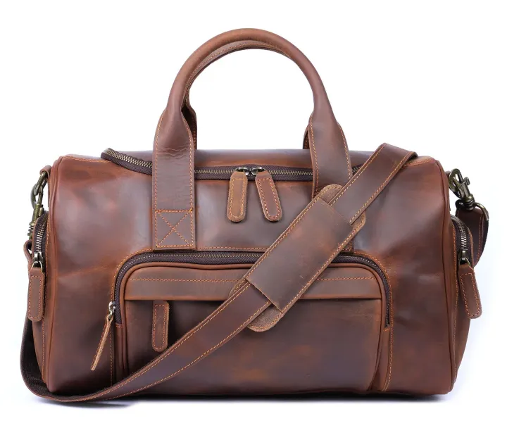 Vintage Genuine Leather Travel Bag Crazy Horse Cowhide Leather Duffel Bag Men's Weekender Bag Gym Bag Carry on Luggage
