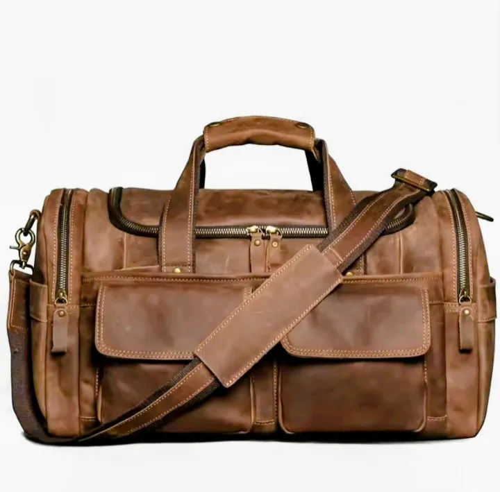 New Crazy Cow Leather Tote Luggage Bag Genuine Leather Men's Shoulder Crossbody Bag Short Trip Cowhide Travel Bag