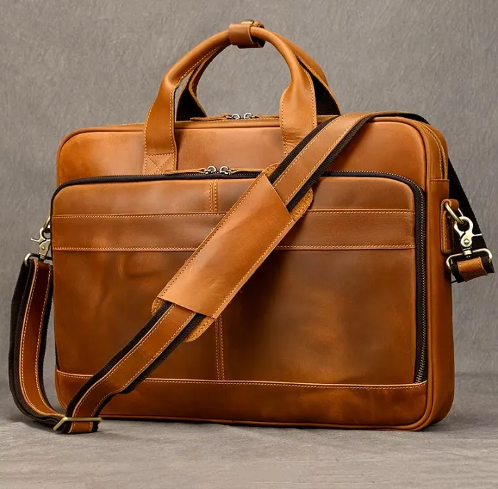Luxury Men's Business Messenger Bag Leather Office Shoulder Handbag Men's Designer Crazy Horse Leather Travel Briefcase