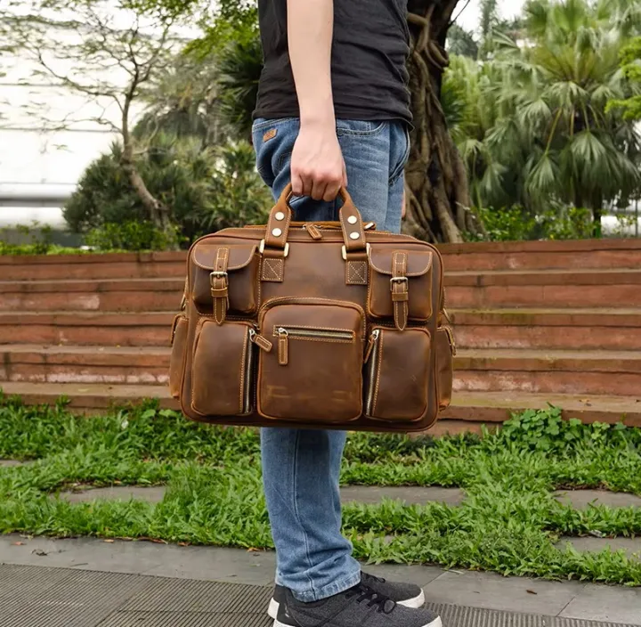 Men Vintage Crazy Cow Leather Briefcase 15.6" Real leather Business Bag Cow Leather Laptop Messenger Bag Big Work Tote