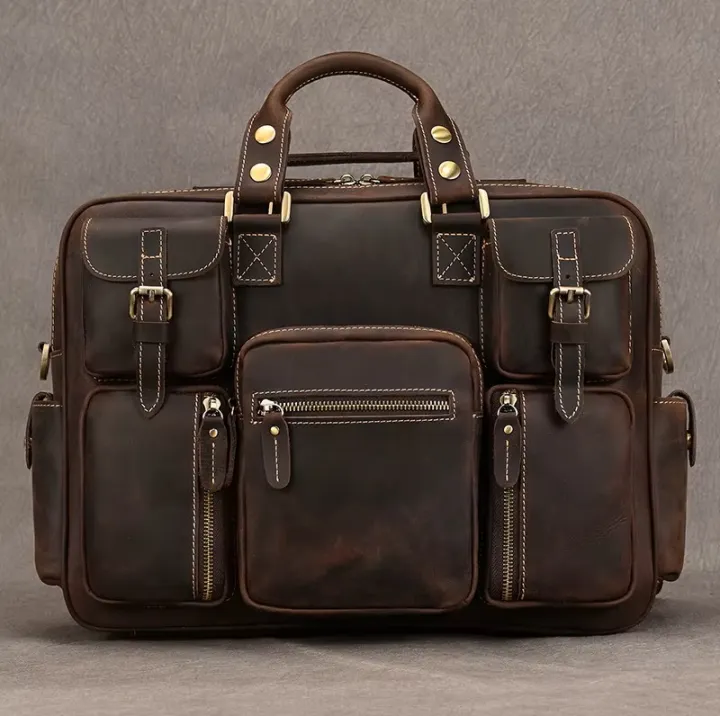 Men Vintage Crazy Cow Leather Briefcase 15.6" Real leather Business Bag Cow Leather Laptop Messenger Bag Big Work Tote