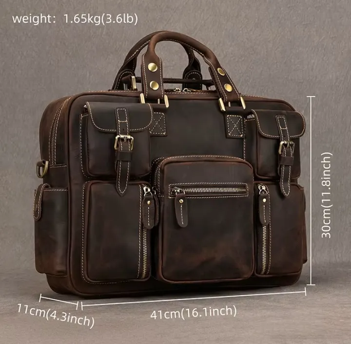 Men Vintage Crazy Cow Leather Briefcase 15.6" Real leather Business Bag Cow Leather Laptop Messenger Bag Big Work Tote