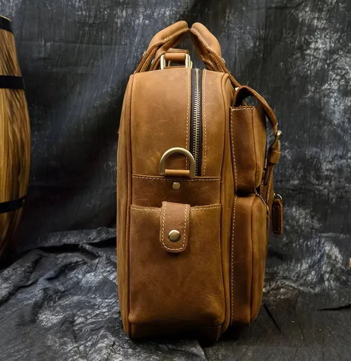 Men Vintage Crazy Cow Leather Briefcase 15.6" Real leather Business Bag Cow Leather Laptop Messenger Bag Big Work Tote