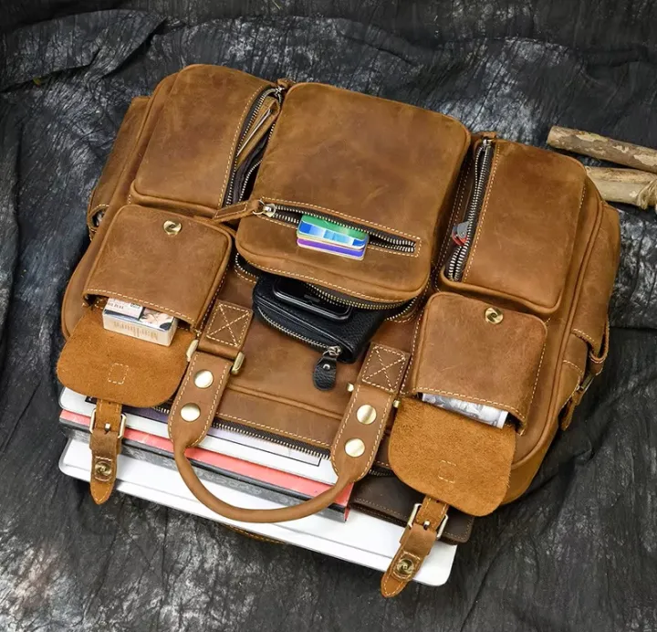 Men Vintage Crazy Cow Leather Briefcase 15.6" Real leather Business Bag Cow Leather Laptop Messenger Bag Big Work Tote