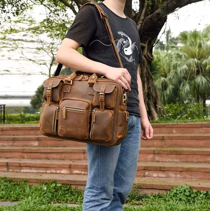 Men Vintage Crazy Cow Leather Briefcase 15.6" Real leather Business Bag Cow Leather Laptop Messenger Bag Big Work Tote