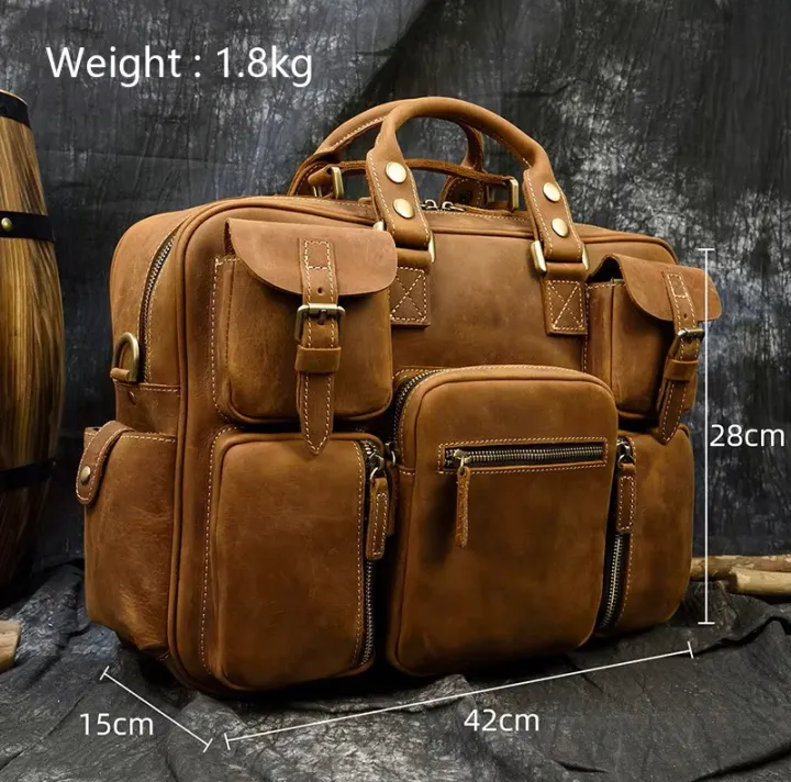 Men Vintage Crazy Cow Leather Briefcase 15.6" Real leather Business Bag Cow Leather Laptop Messenger Bag Big Work Tote