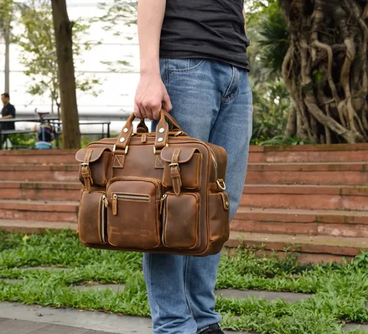 Men Vintage Crazy Cow Leather Briefcase 15.6" Real leather Business Bag Cow Leather Laptop Messenger Bag Big Work Tote