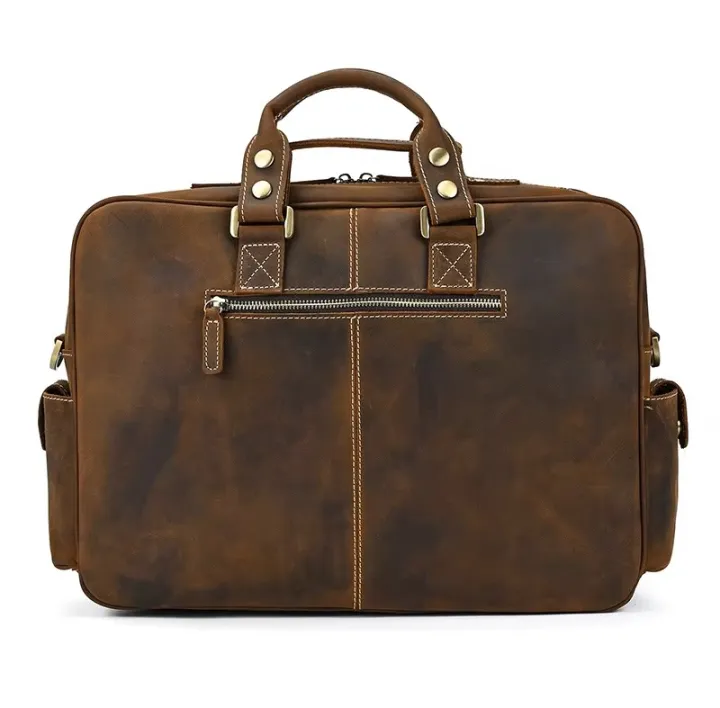 Men Vintage Crazy Cow Leather Briefcase 15.6" Real leather Business Bag Cow Leather Laptop Messenger Bag Big Work Tote