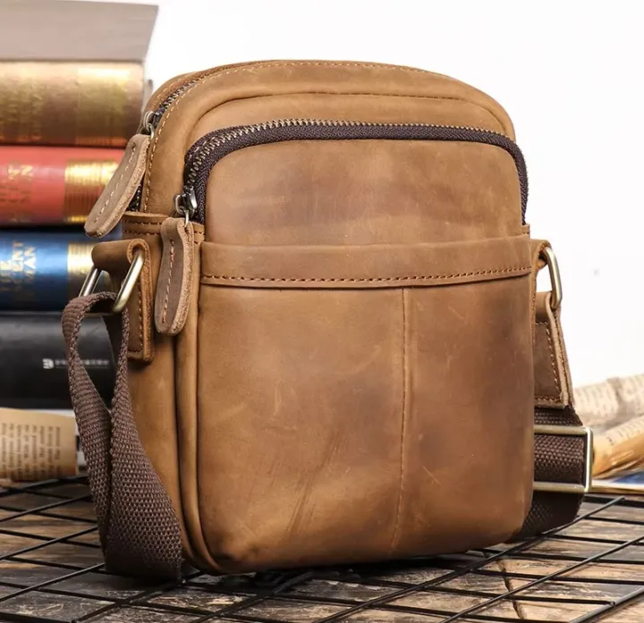 Brownish Yello Color Pure Leather Shoulder Bag Vintage Style Crossbody Bag Of Men Male Daily Messenger Bag Crazy Cow Leather